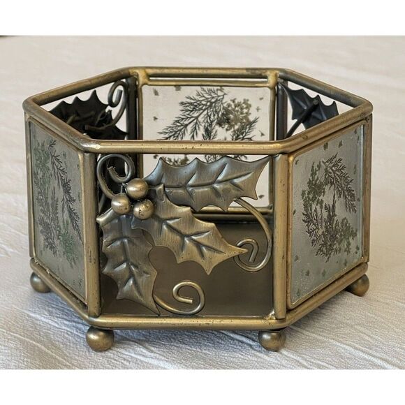 CANDLE HOLDER Hexagon w/Alternate Panels Of  Metal Holly  Scrolls & Glass Ferns - Picture 4 of 9